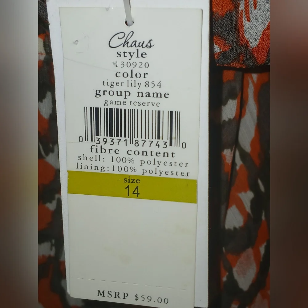 Chaus Women's Brown, White, and Pink Tiger Lily Pattern Midi Faux Wrap Dress.